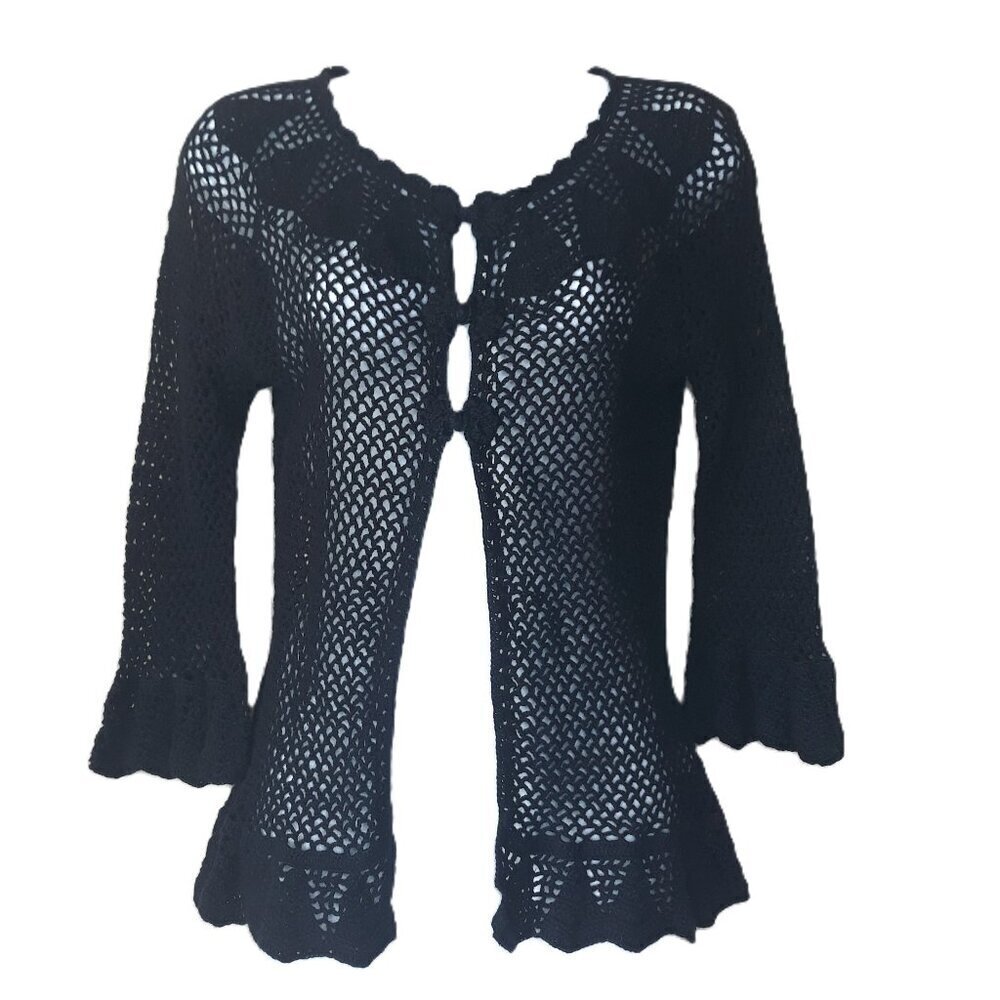 Whimsigoth Open Knit Crochet Cardigan S Black Flared Sleeve Indie Grunge Rave